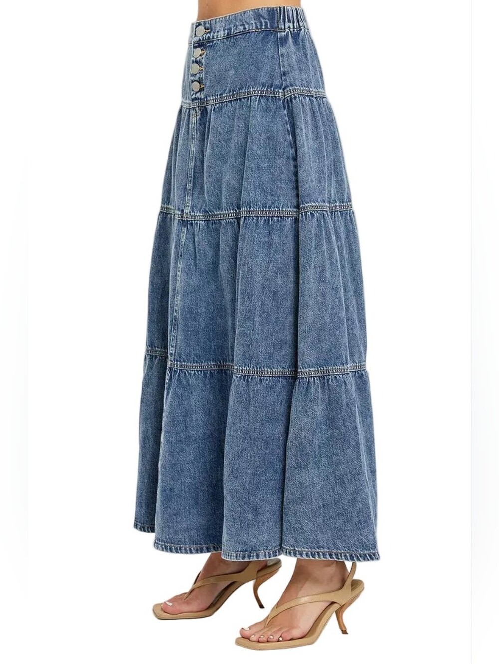 Risen High-Rise Button Elastic Waist Tiered Ruffle Cotton Denim Maxi Jean Skirt - Picture 7 of 14